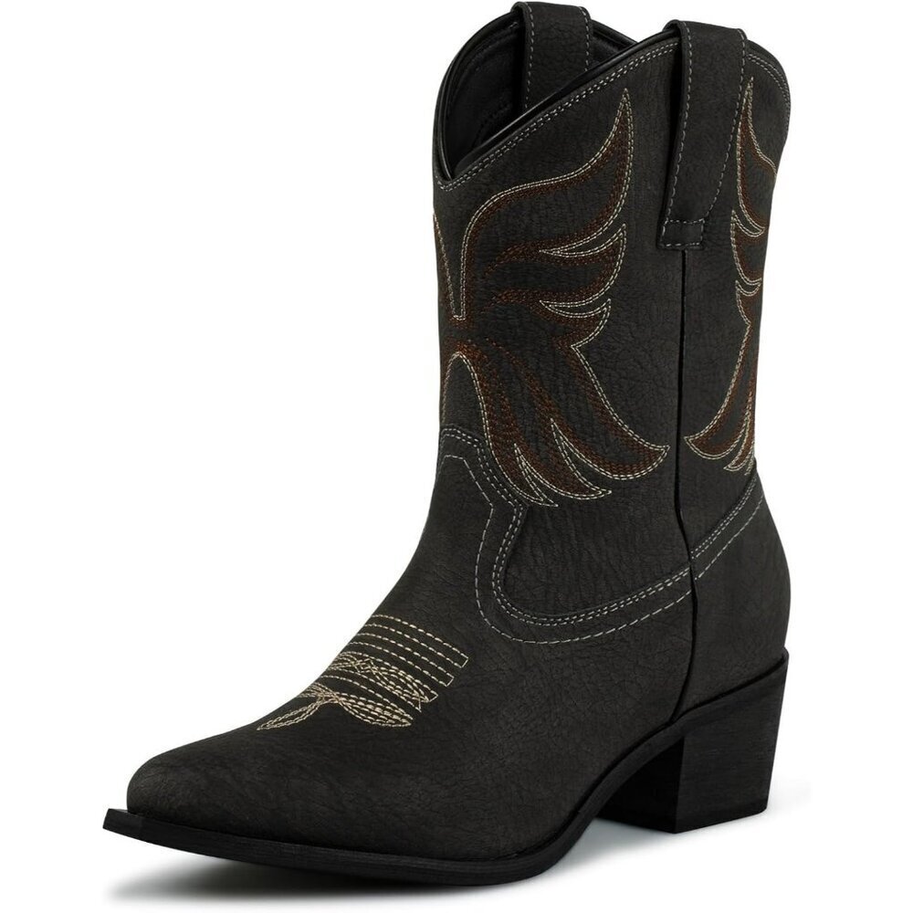 🆕 Black Faux Leather Western Cowgirl Ankle Boots Snip Toe Fashion Booties